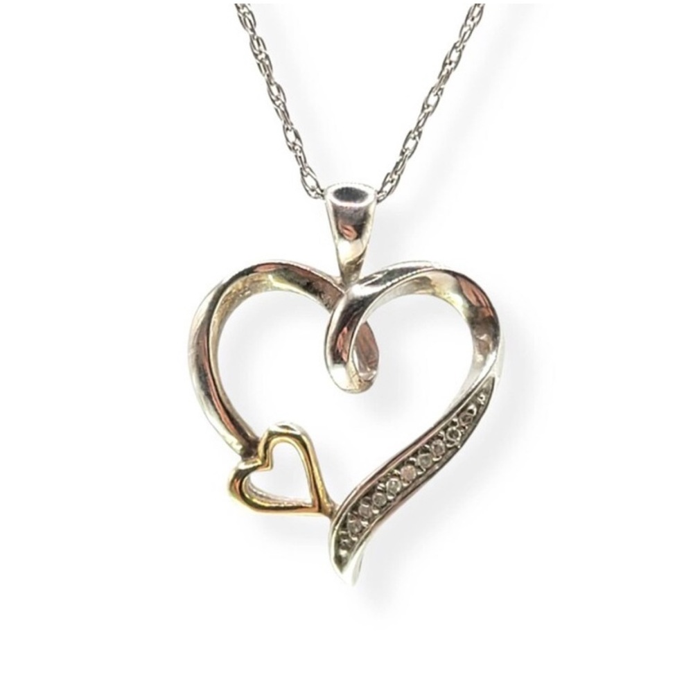 Lovely 10k Gold 925 Sterling Silver Double Heart Diamond Pendant Necklace